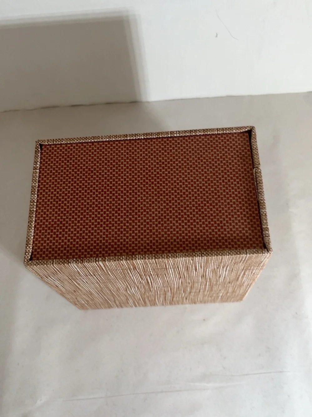 Small Fabric Covered Jewelry Trinket Box Orange Velvet Lined Brass Tone Latch 5”